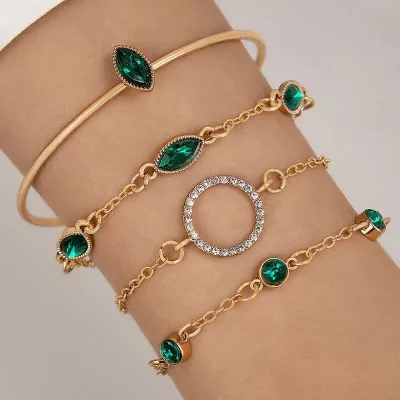 Rhinestone Green Geometric Bracelet Set (4 pcs)